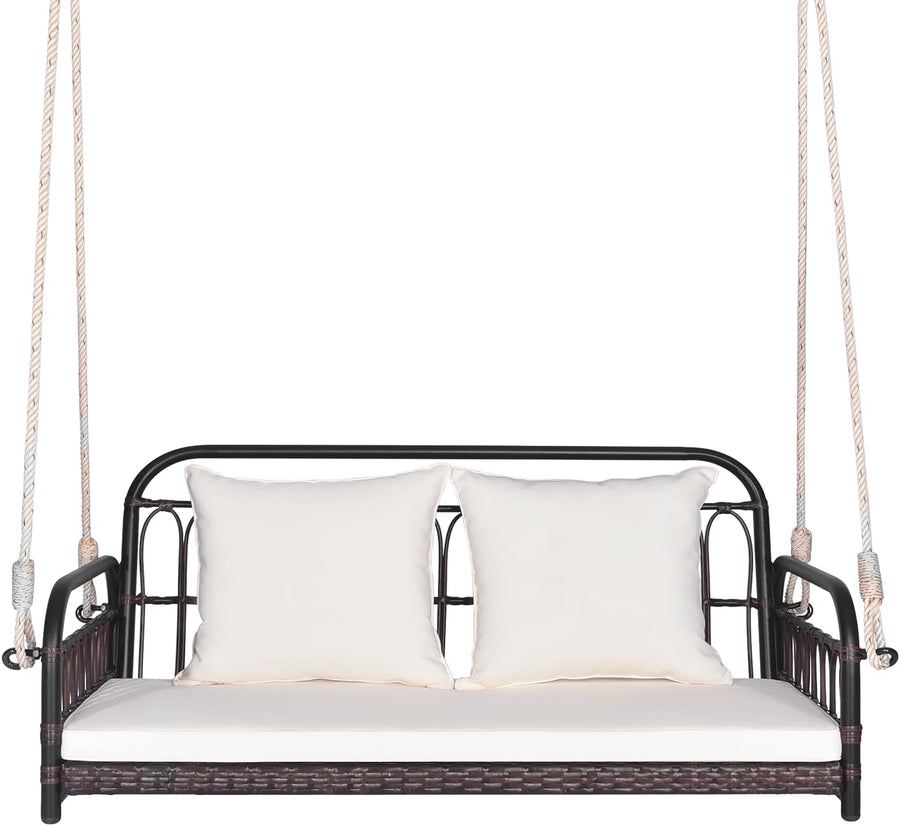 2 Seater Rattan Hanging Swing Bench Cushion Pillows