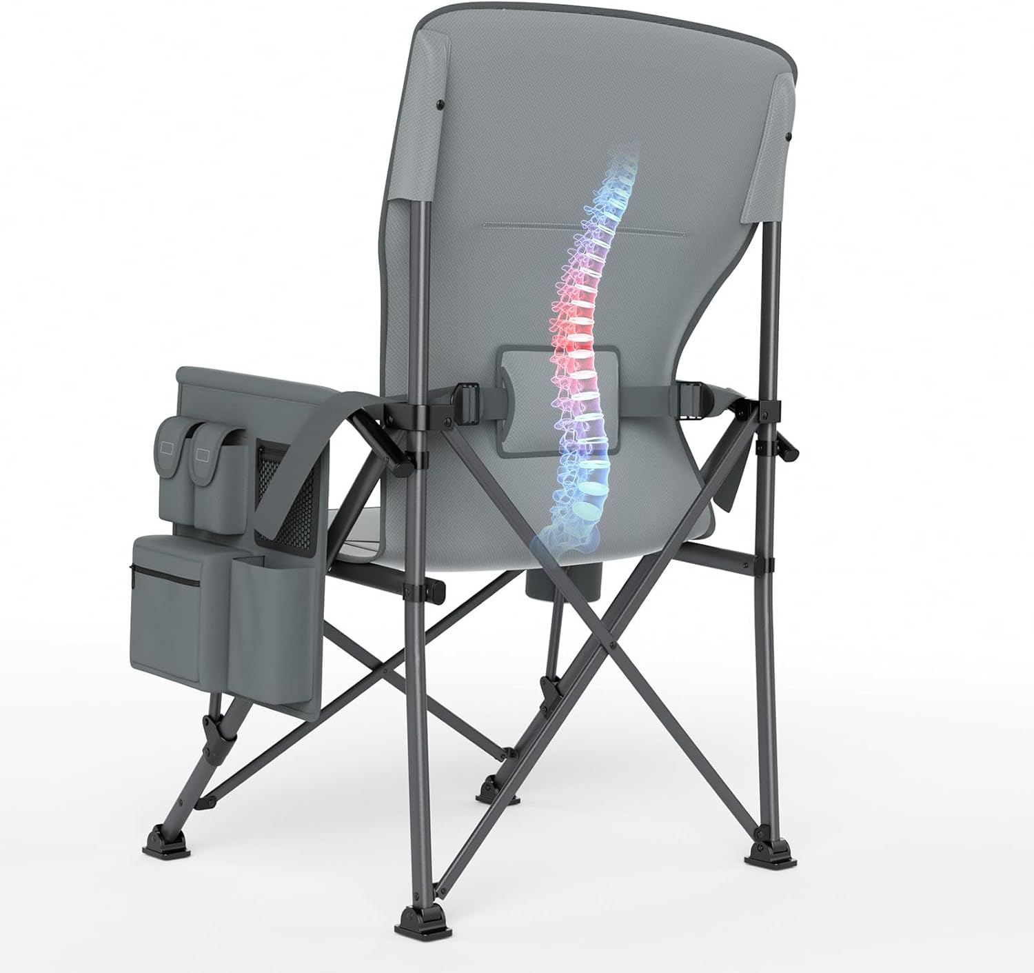 Heavy Duty Camping Chair with Lumbar Support Cooler Pocket Grey