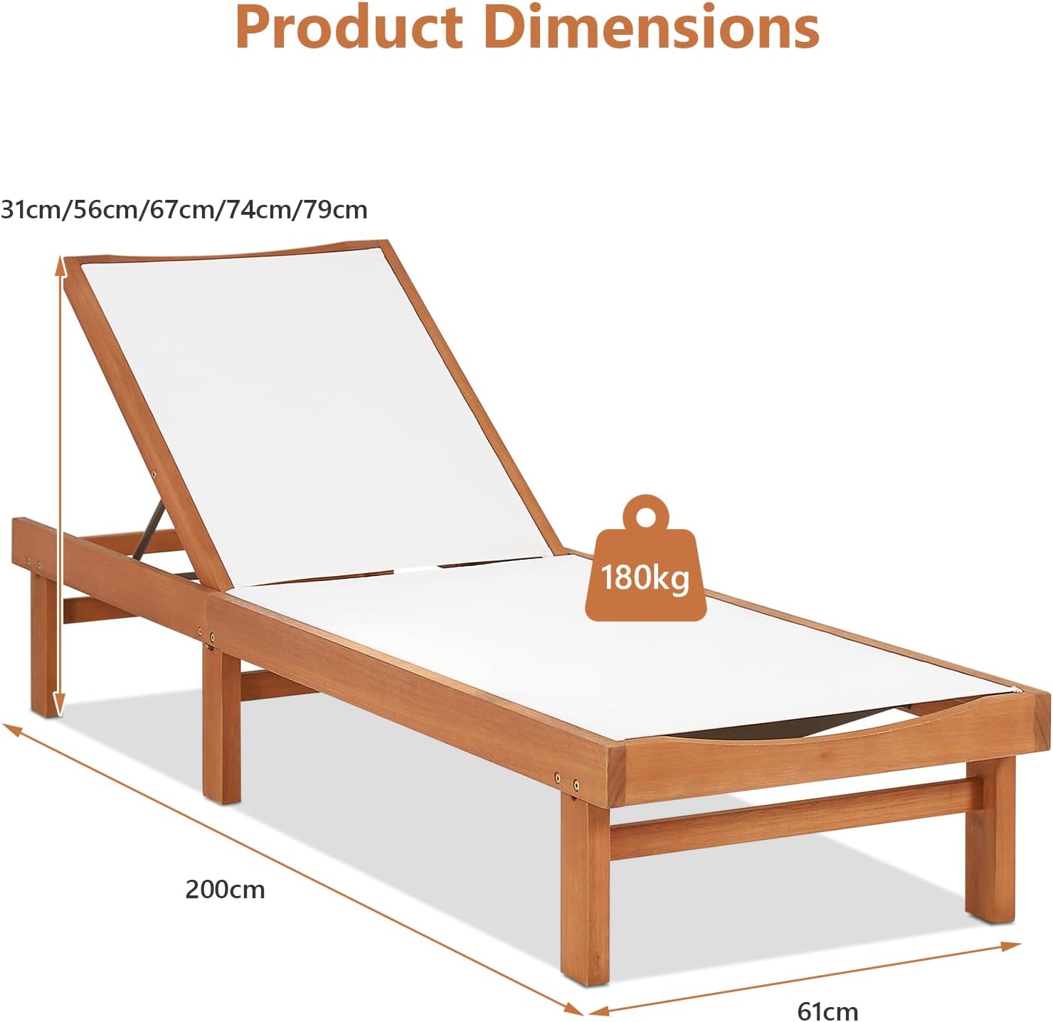 Wooden Garden Sun Lounger 5 Position Recliner 200cm Teak
