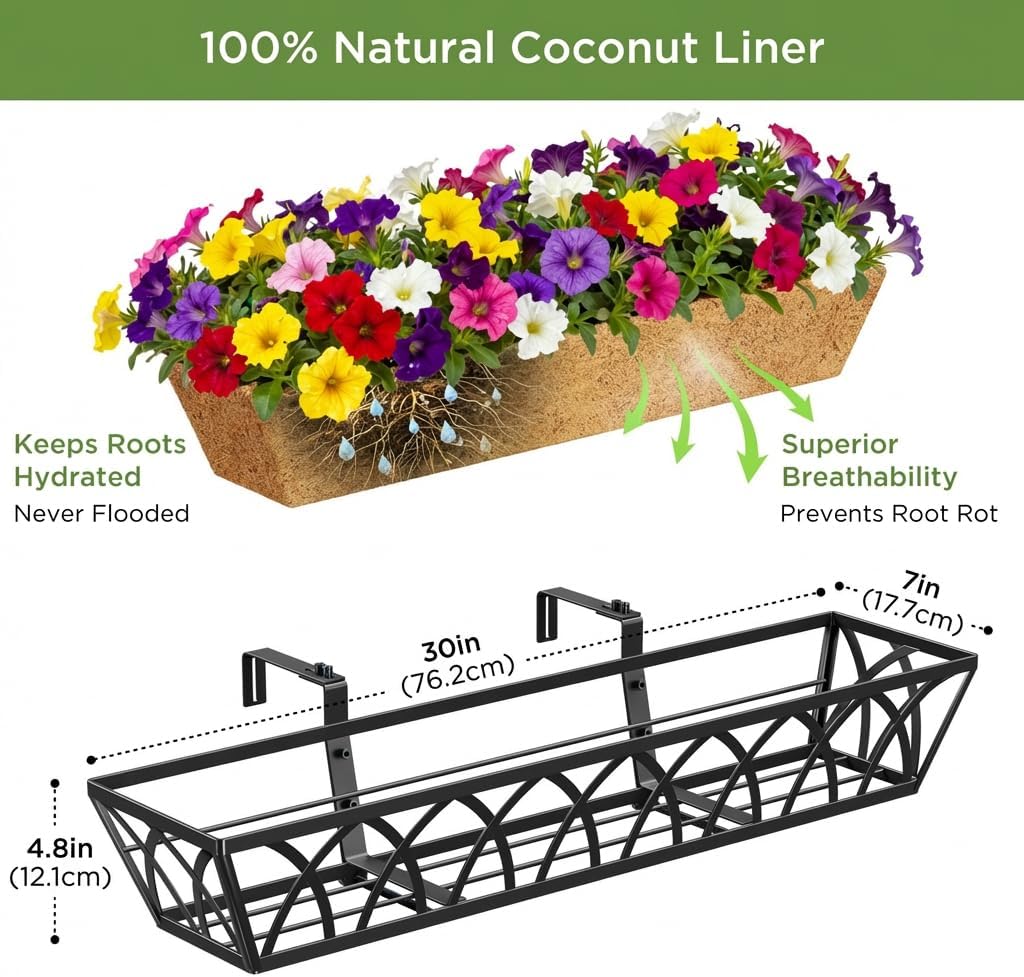 30in Hanging Flower Baskets Wall Planter Rail Box Coco Liner 2 Pack