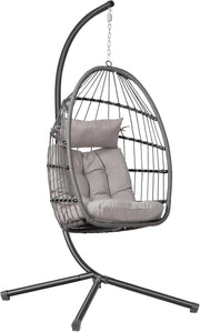 Rattan Egg Swing Chair with Stand Cushion Grey