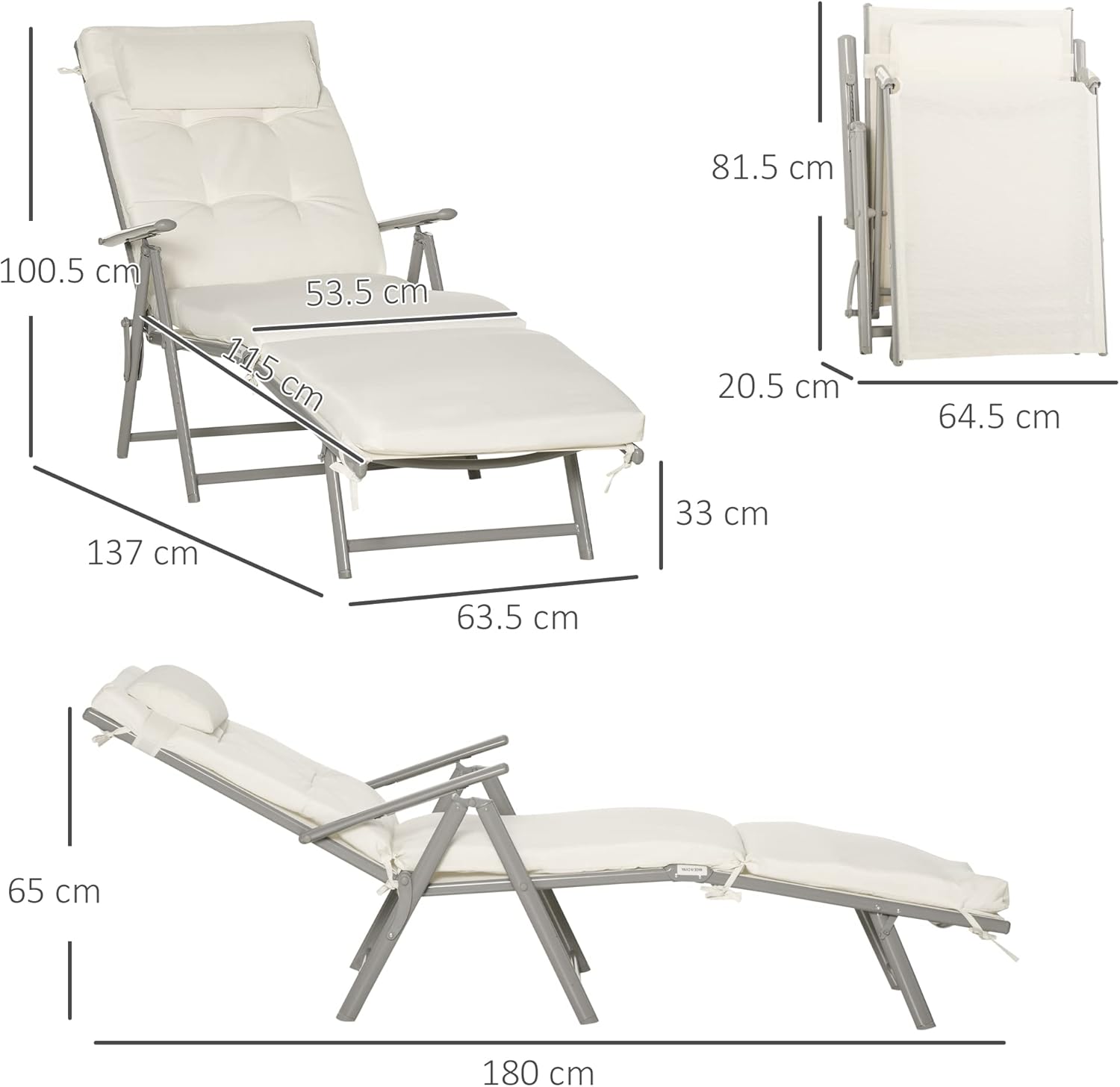 7 Level Folding Sun Lounger Recliner Cream White