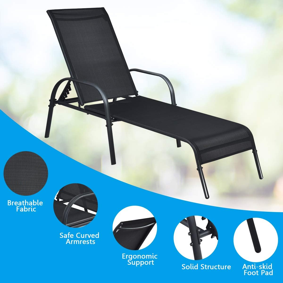 Garden Sun Lounger 5 Position Recliner Black 160kg