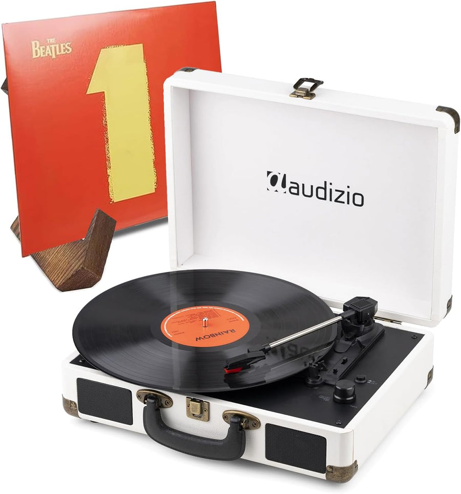 Cream Suitcase Record Player Bluetooth with Vinyl Stand