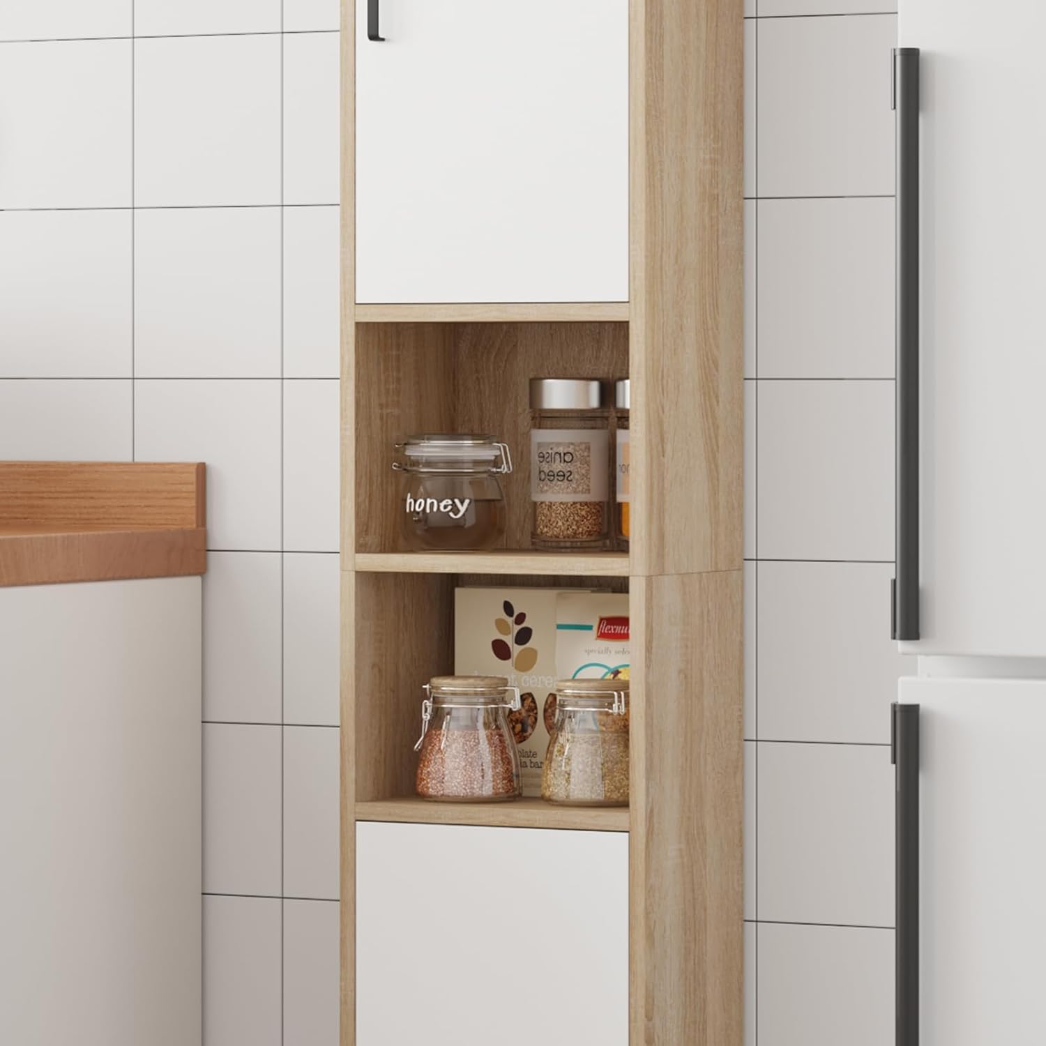 Tall Slim Storage Cabinet White Walnut 170cm Unit