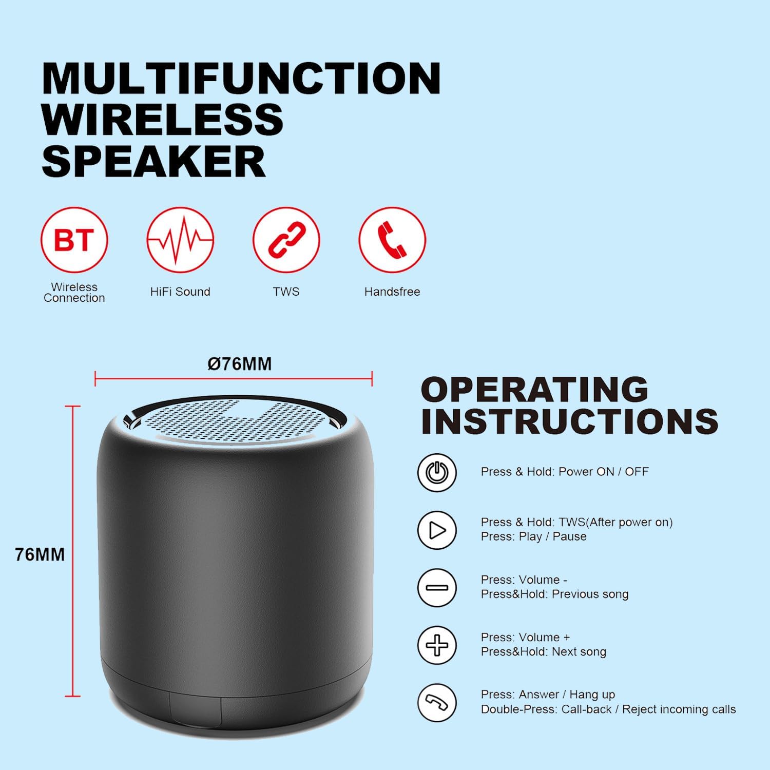 Mini Portable Bluetooth Speaker Bass Waterproof 24H Battery