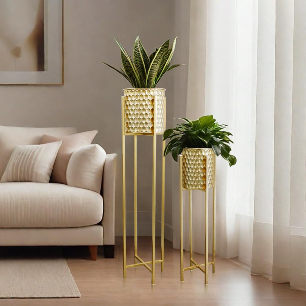 Tall Gold Planters with Stand Set of 2 105cm 75cm Honeycomb