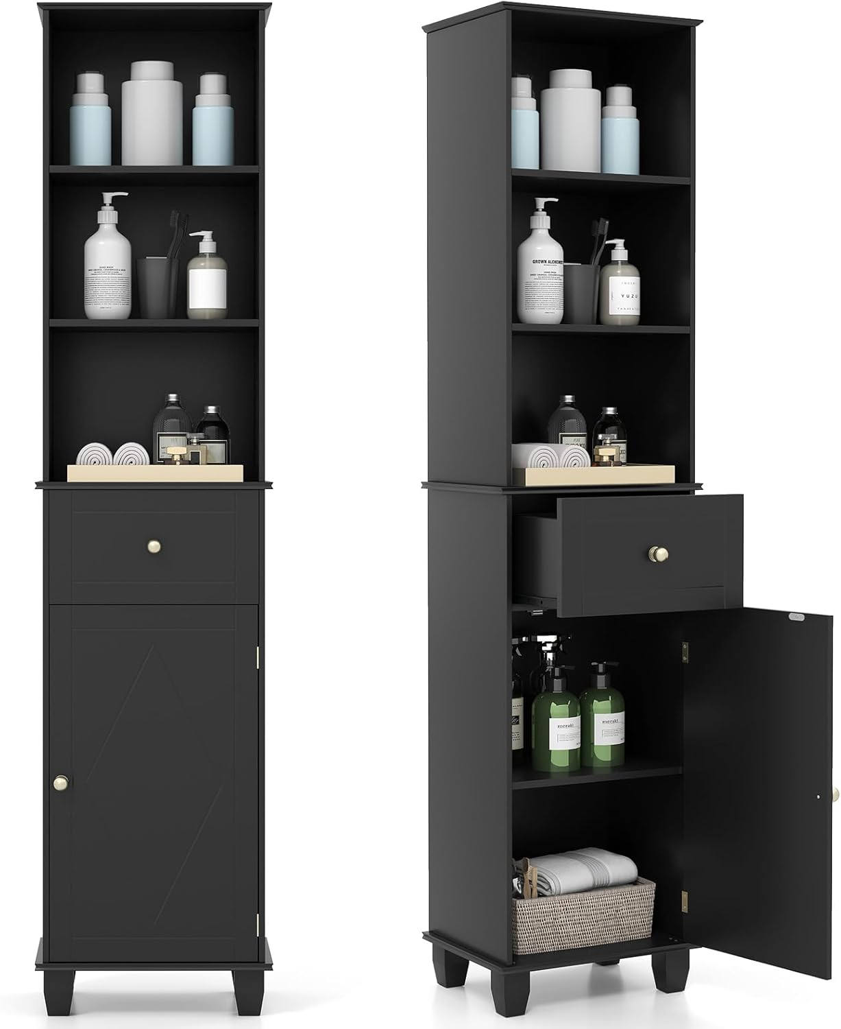 Tall Slim Storage Cabinet Black Drawer Shelves Door Unit