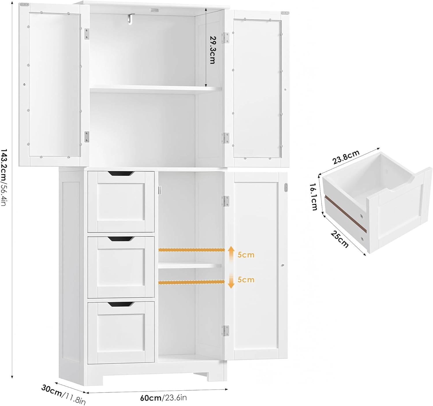 Tall Storage Cabinet White 3 Door 3 Drawer Shelf Unit