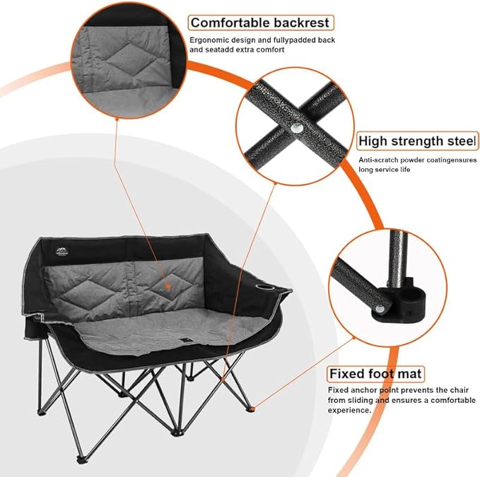 Double Folding Loveseat Camping Chair for 2 Black