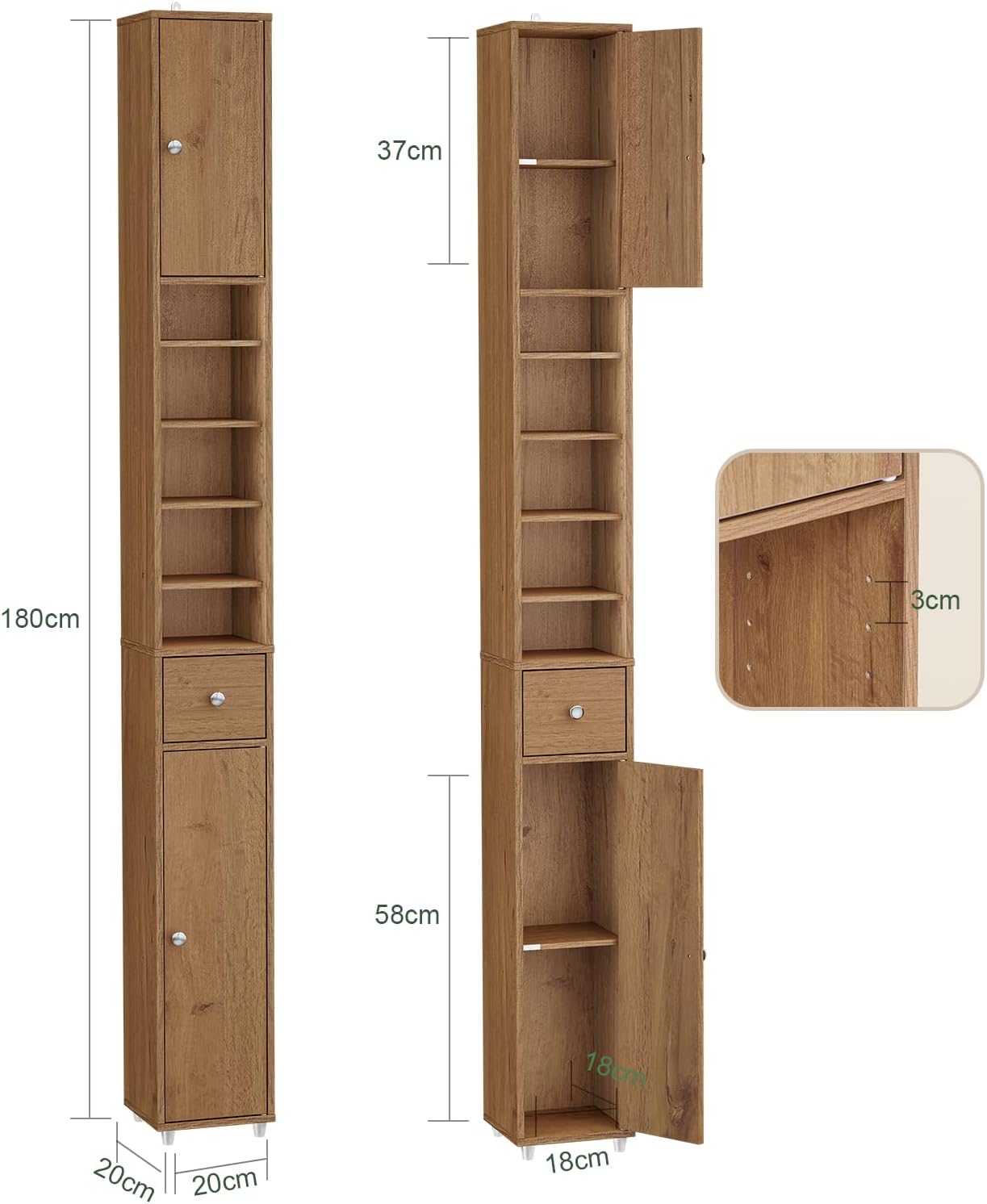 Slim Tall Bathroom Cabinet 20cm Dark Wood Drawer 180cm