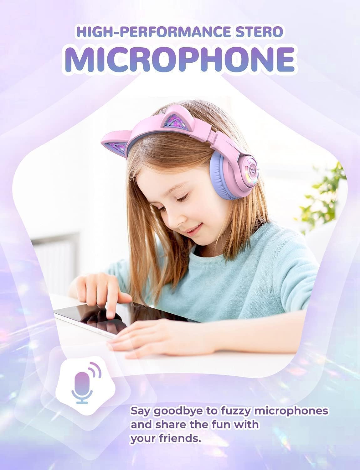 Kids Bluetooth Cat Ear Headphones LED Lights Safe Volume 50 Hour