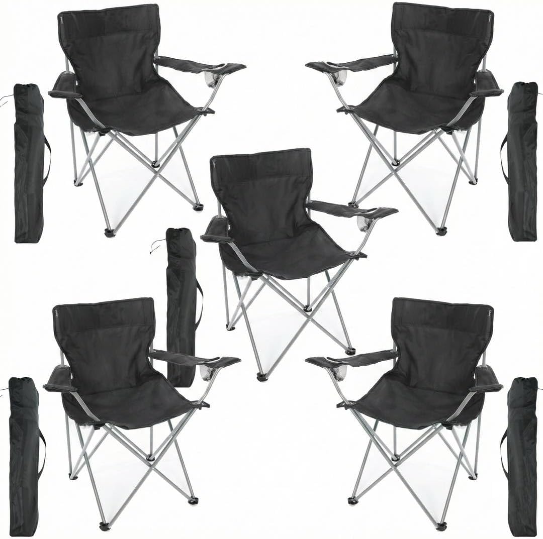 5 Pack Black Folding Camping Chairs with Cup Holder