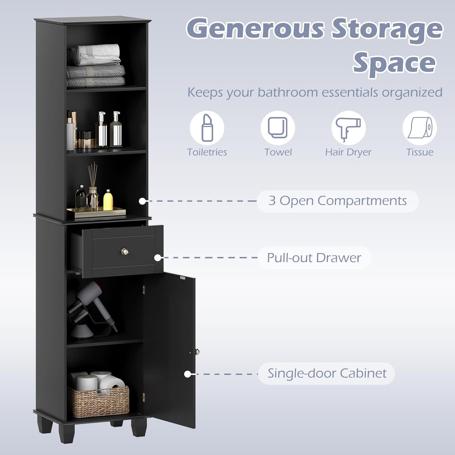 Tall Bathroom Cabinet Black Shelf Drawer Door Unit