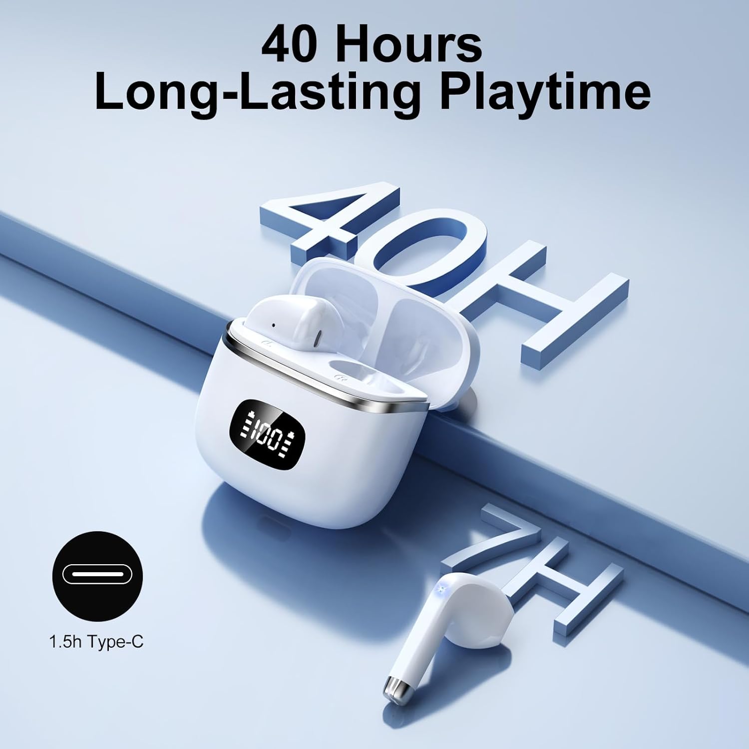 Bluetooth 5.3 Wireless Earbuds ENC Mic 40H LED Display
