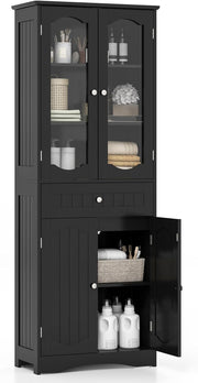 Tall Bathroom Cabinet Glass Door Drawer Shelf Unit Black