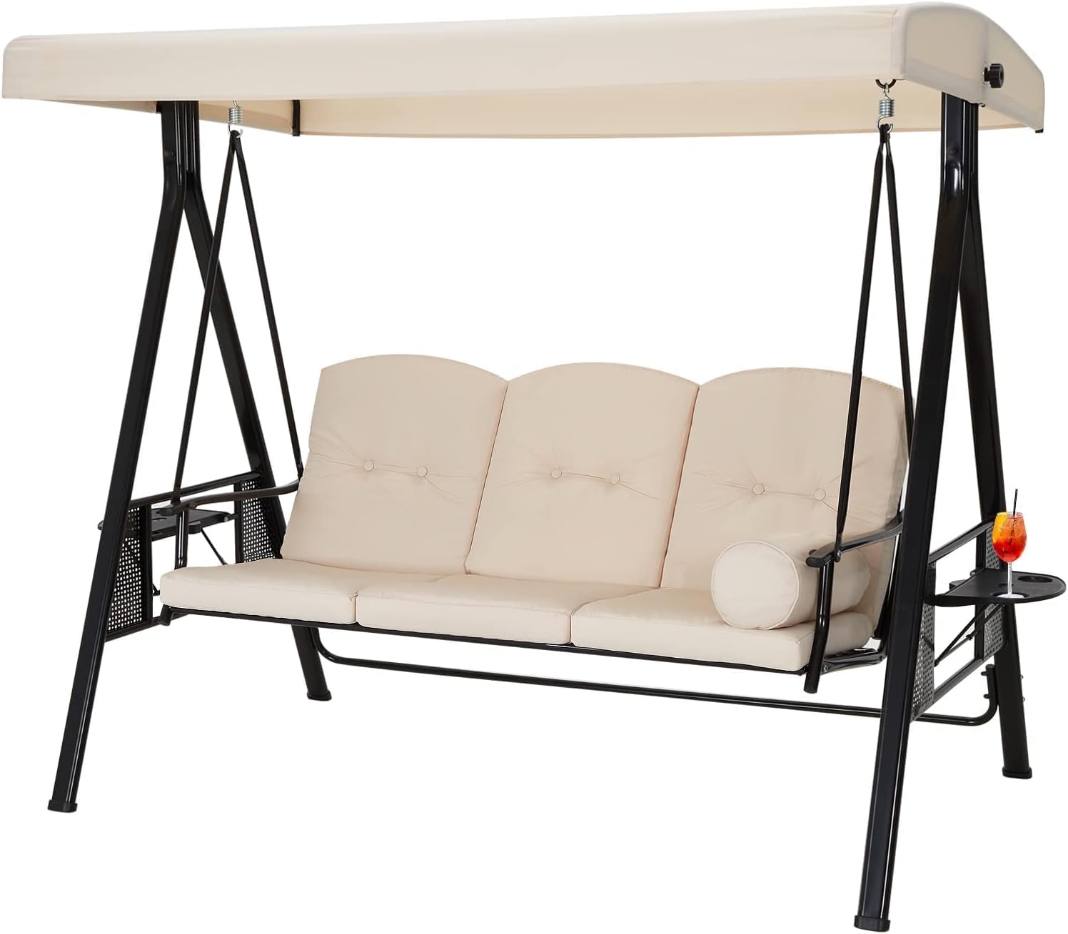 3 Seater Garden Swing Chair Beige Canopy Cup Trays
