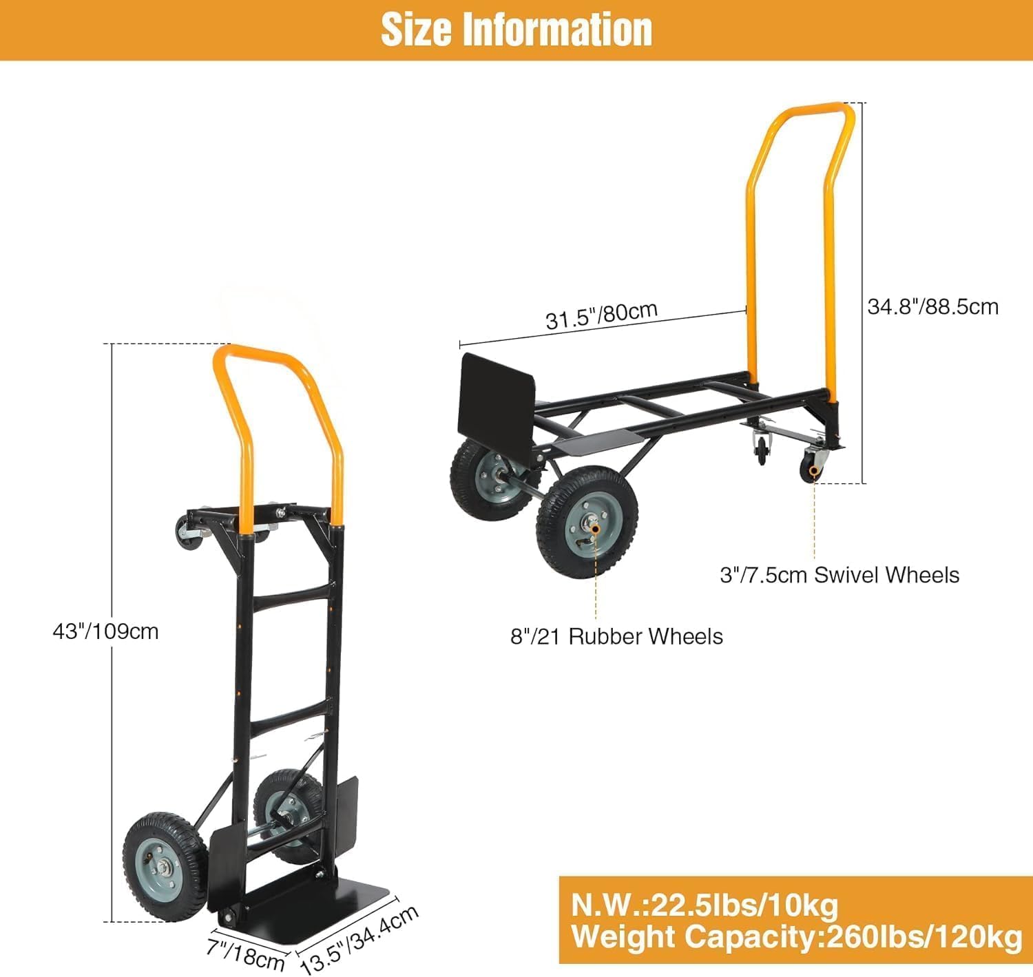 2 In 1 Convertible Hand Truck Dolly 150KG Yellow