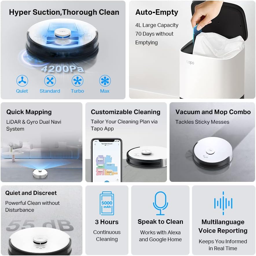 Robot Vacuum Mop 4200Pa Self Empty LiDAR Mapping 70 Days WiFi