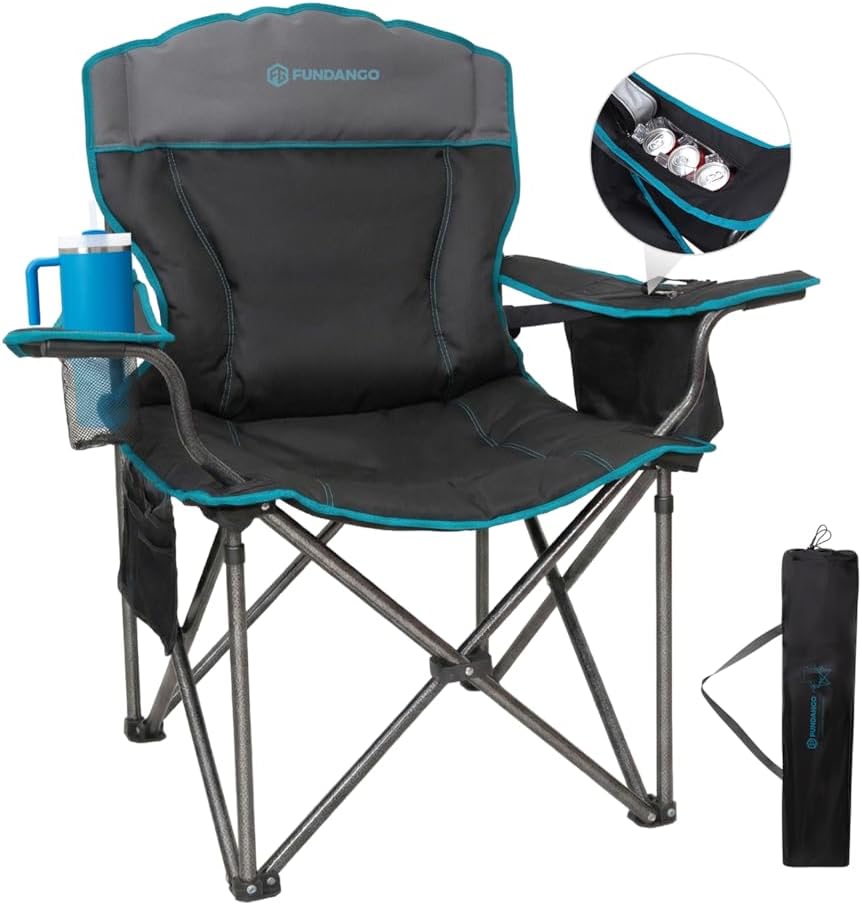 Oversized Camping Chair 550LB with Cooler Pocket Black Grey