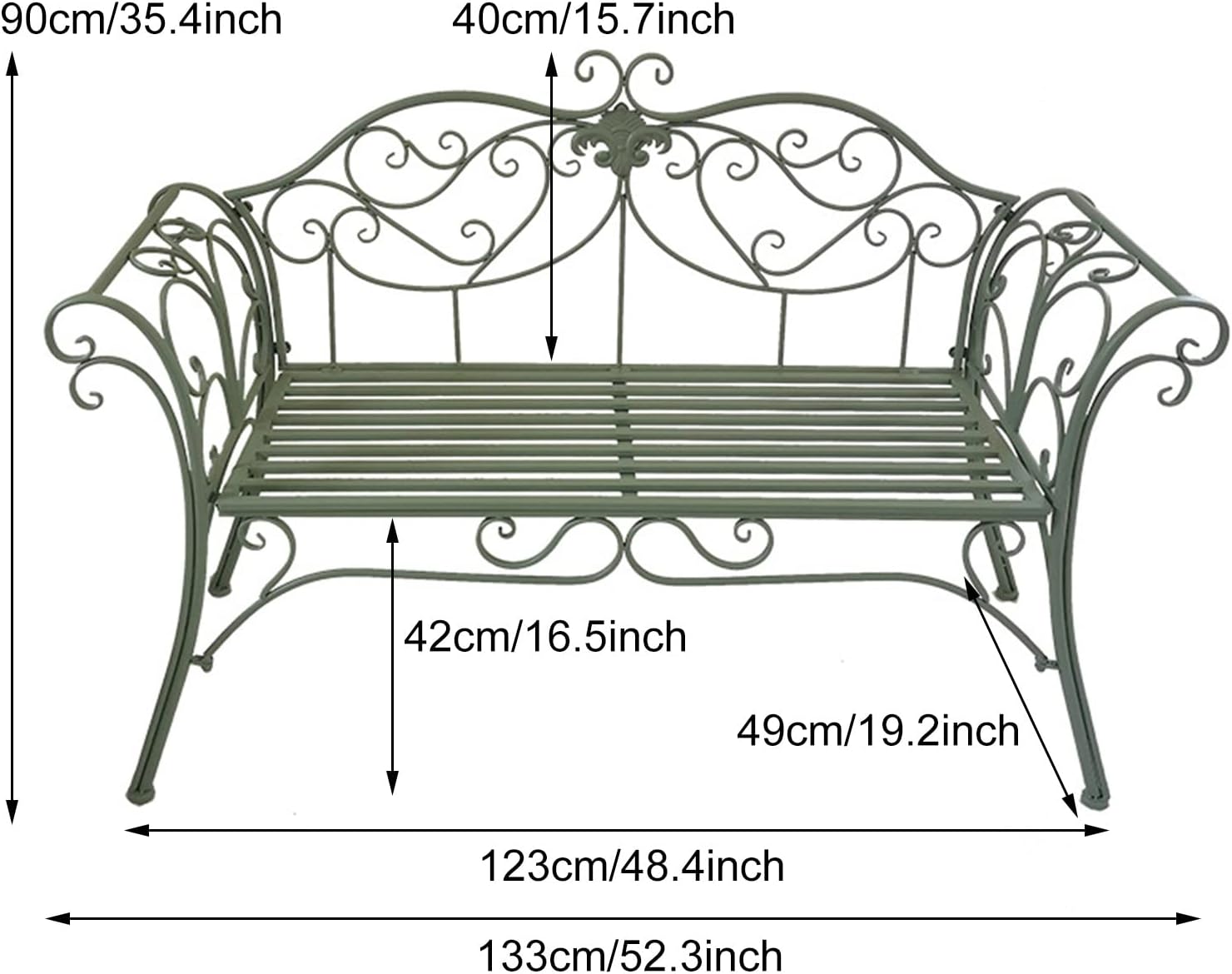 Retro Metal Garden Bench 2 Seater Outdoor Patio Seat with Armrests