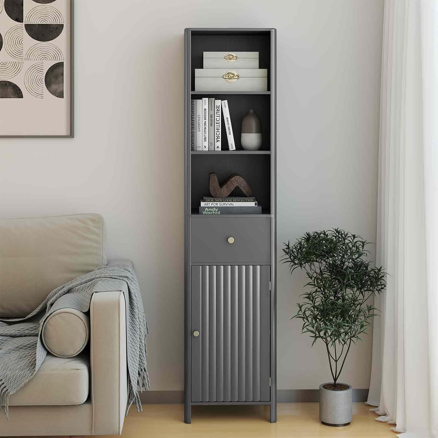 Tall Bathroom Storage Cabinet Drawer Fluted Door Grey 170cm