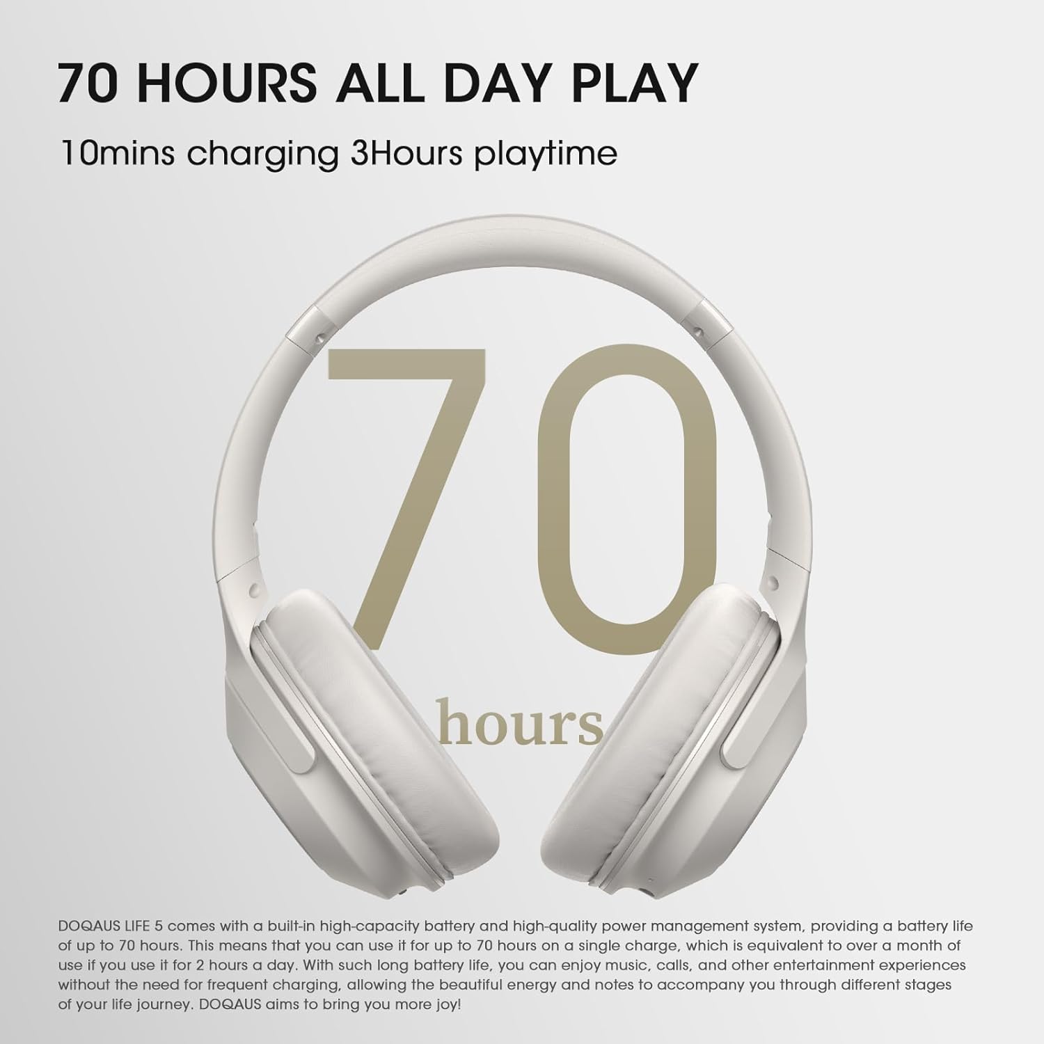 Wireless Bluetooth Over Ear Headphones 70 Hour Battery 3 EQ Light Grey