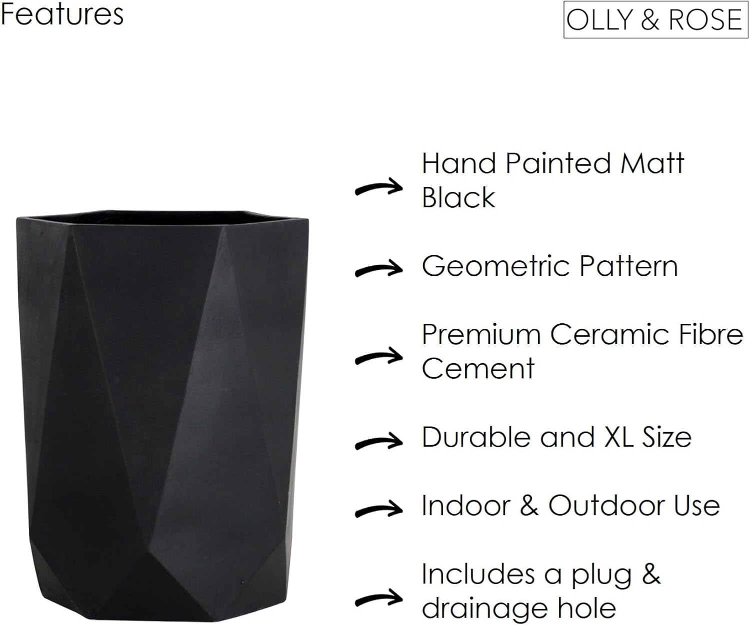 Large Black Geometric Planter 45cm Fibrestone Indoor Outdoor