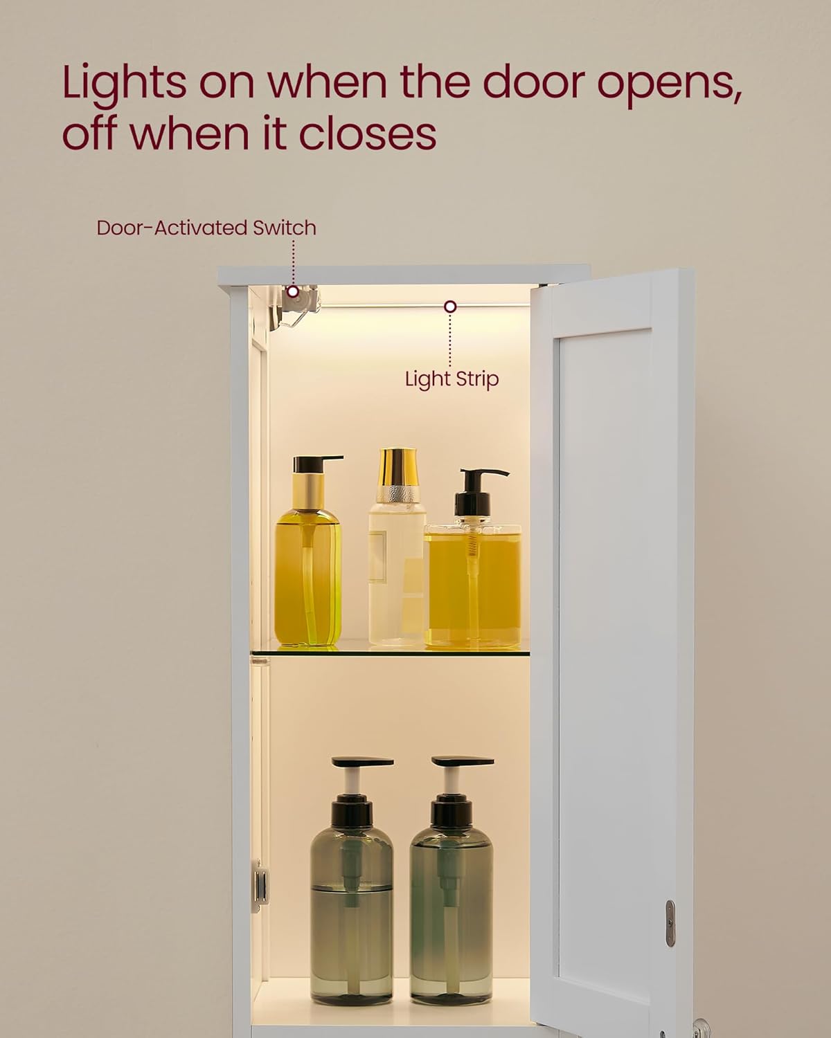 Tall Bathroom Cabinet with LED Lights Slim Storage White 170cm