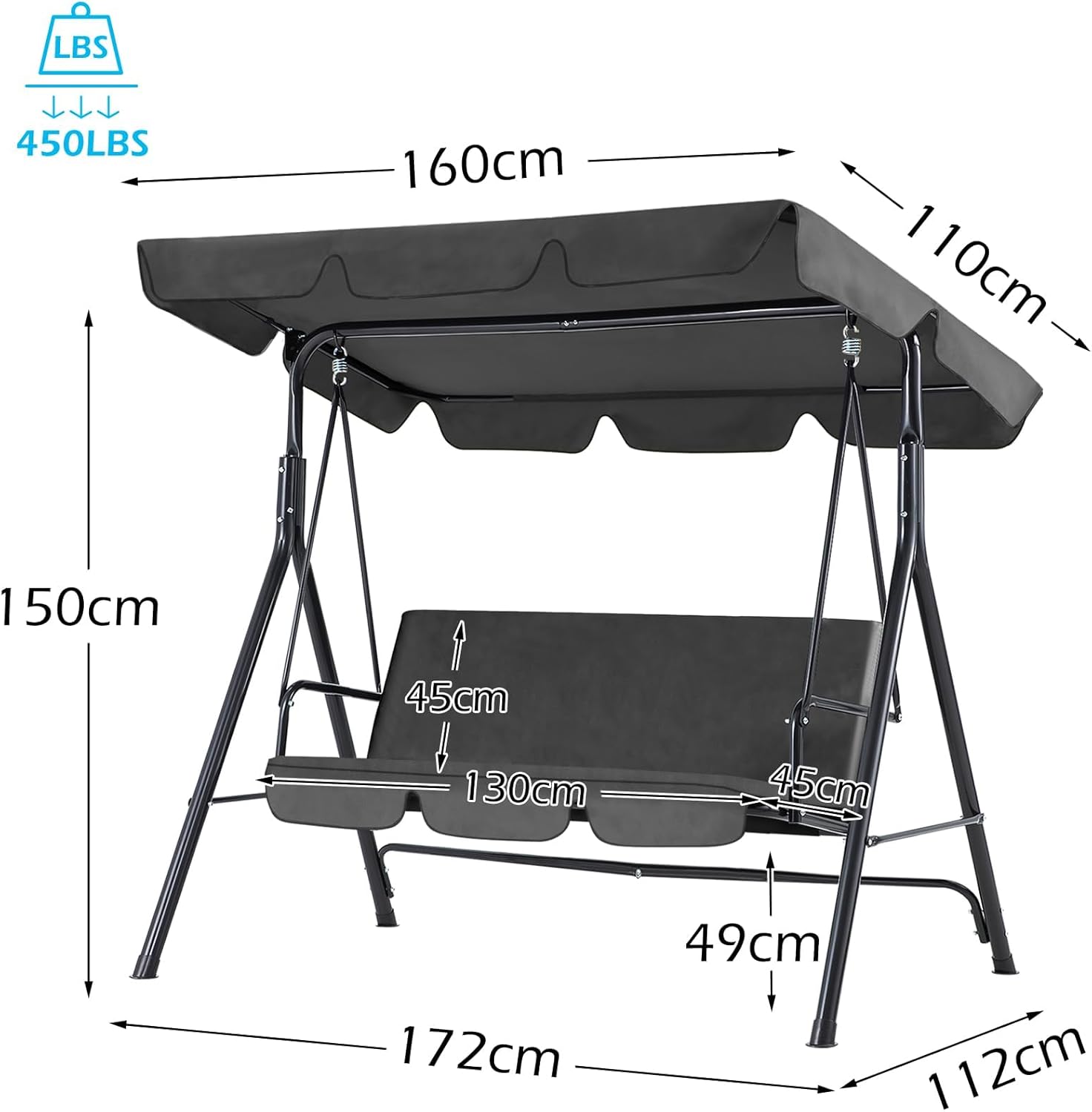 3 Seater Garden Swing Bench Grey Canopy Cushion Steel Frame