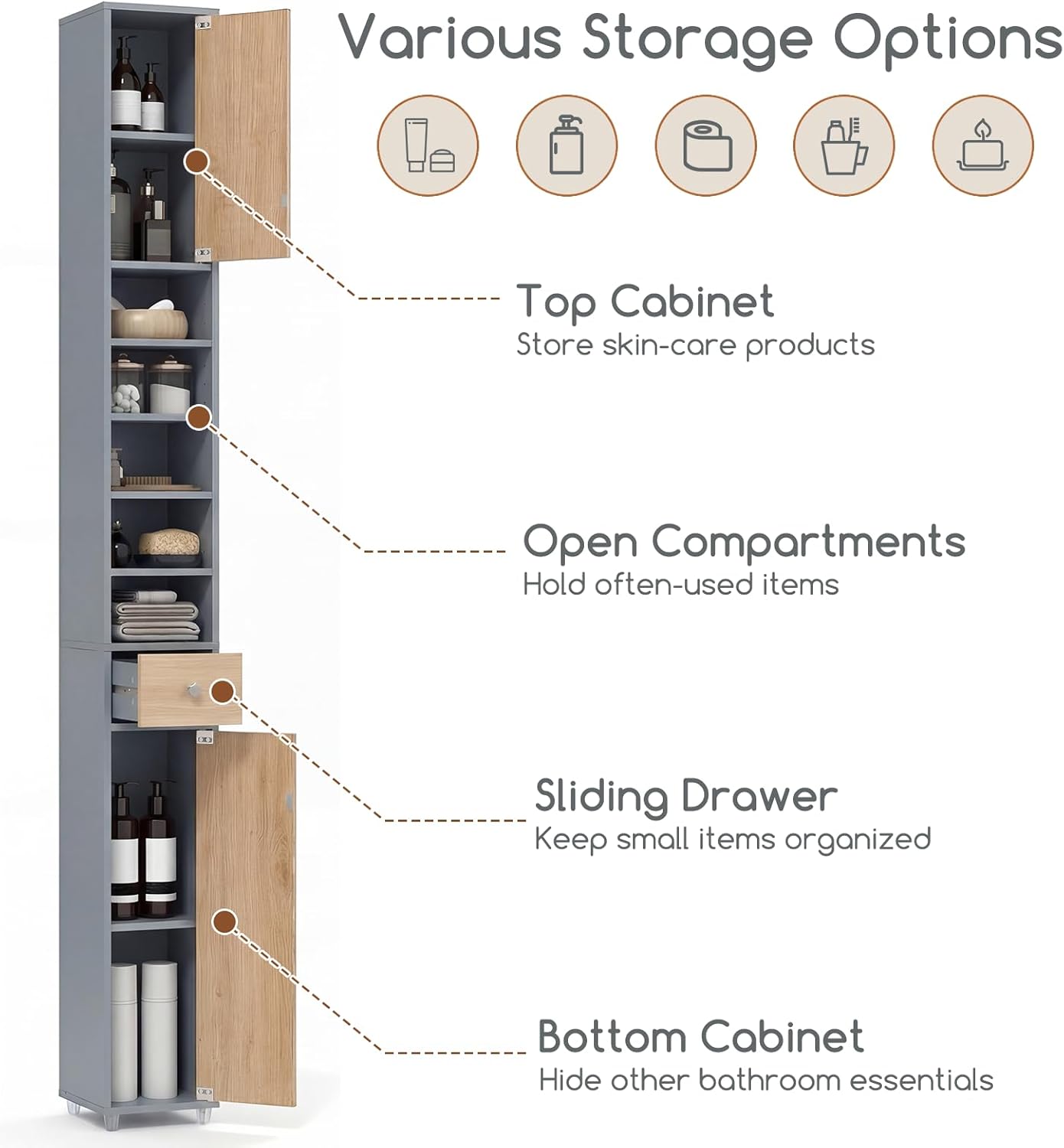 Tall Slim Bathroom Storage Cabinet Drawer Shelves Natural Grey