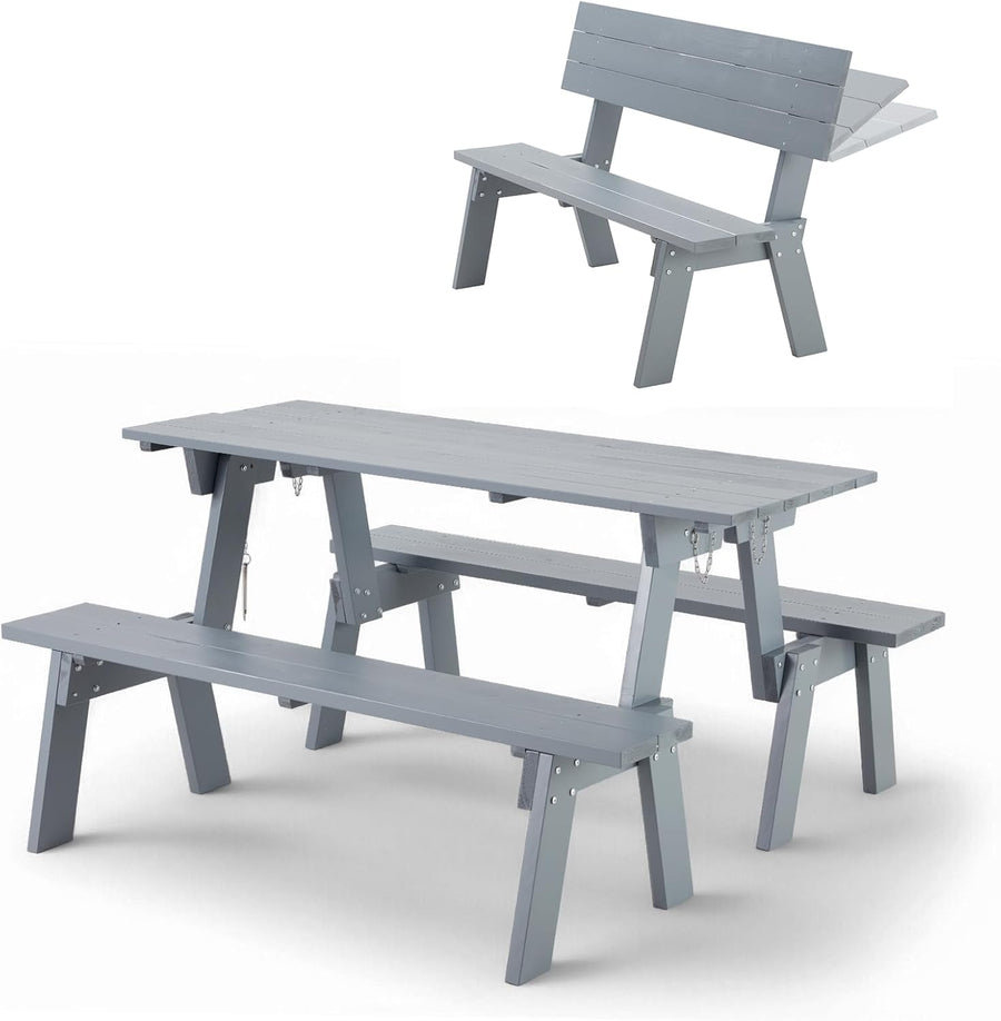Convertible Wooden Picnic Table with Benches 3 in 1 Folding Set