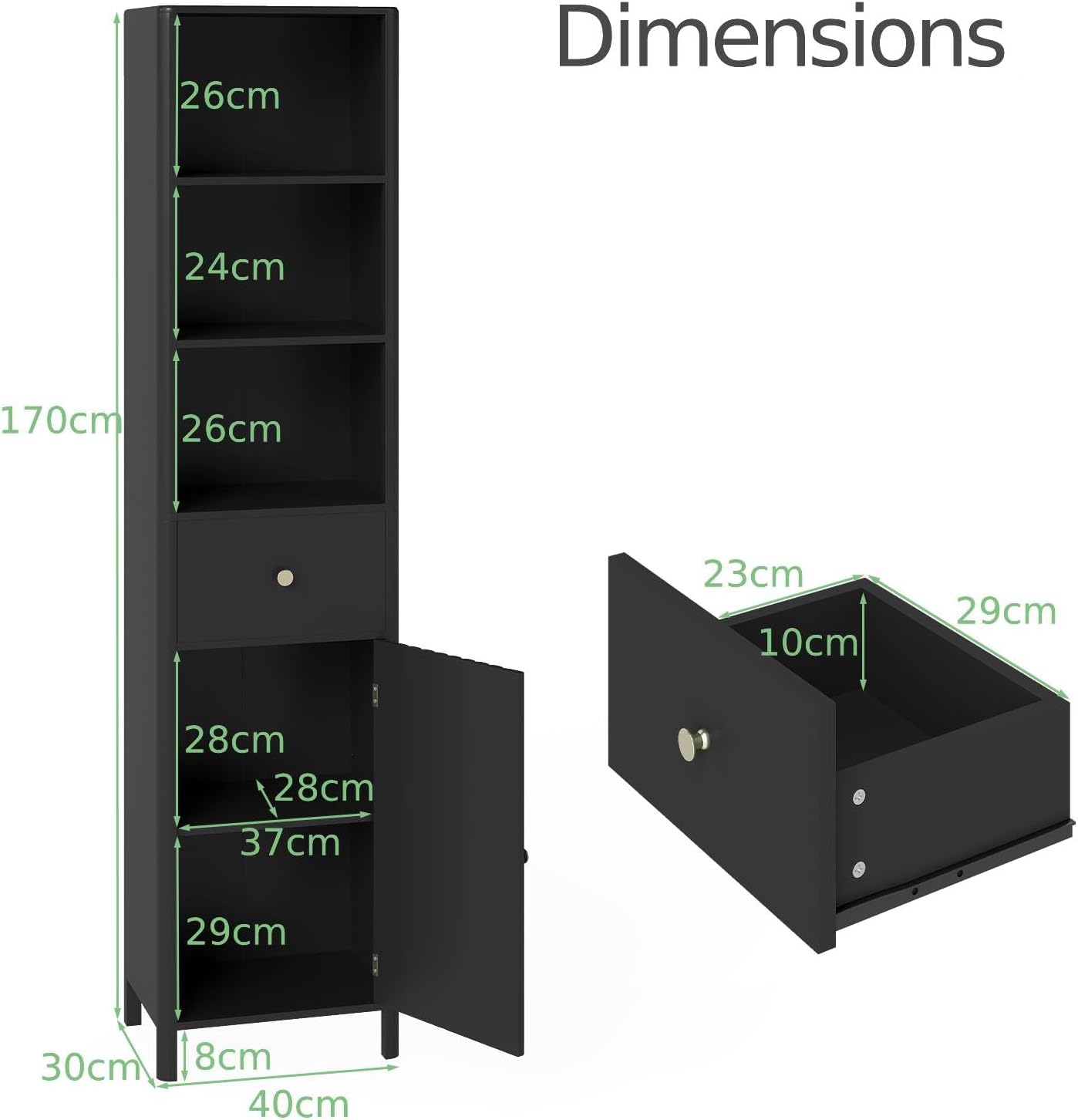 Slim Bathroom Tall Cabinet Drawer Shelf Unit Black