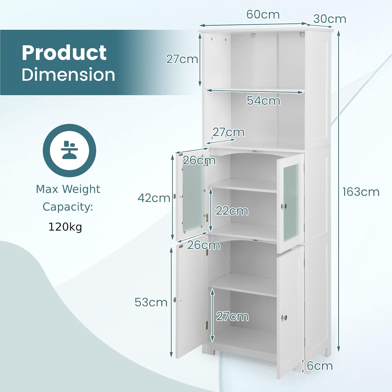 Tall Storage Cabinet Glass Door Shelf Unit White