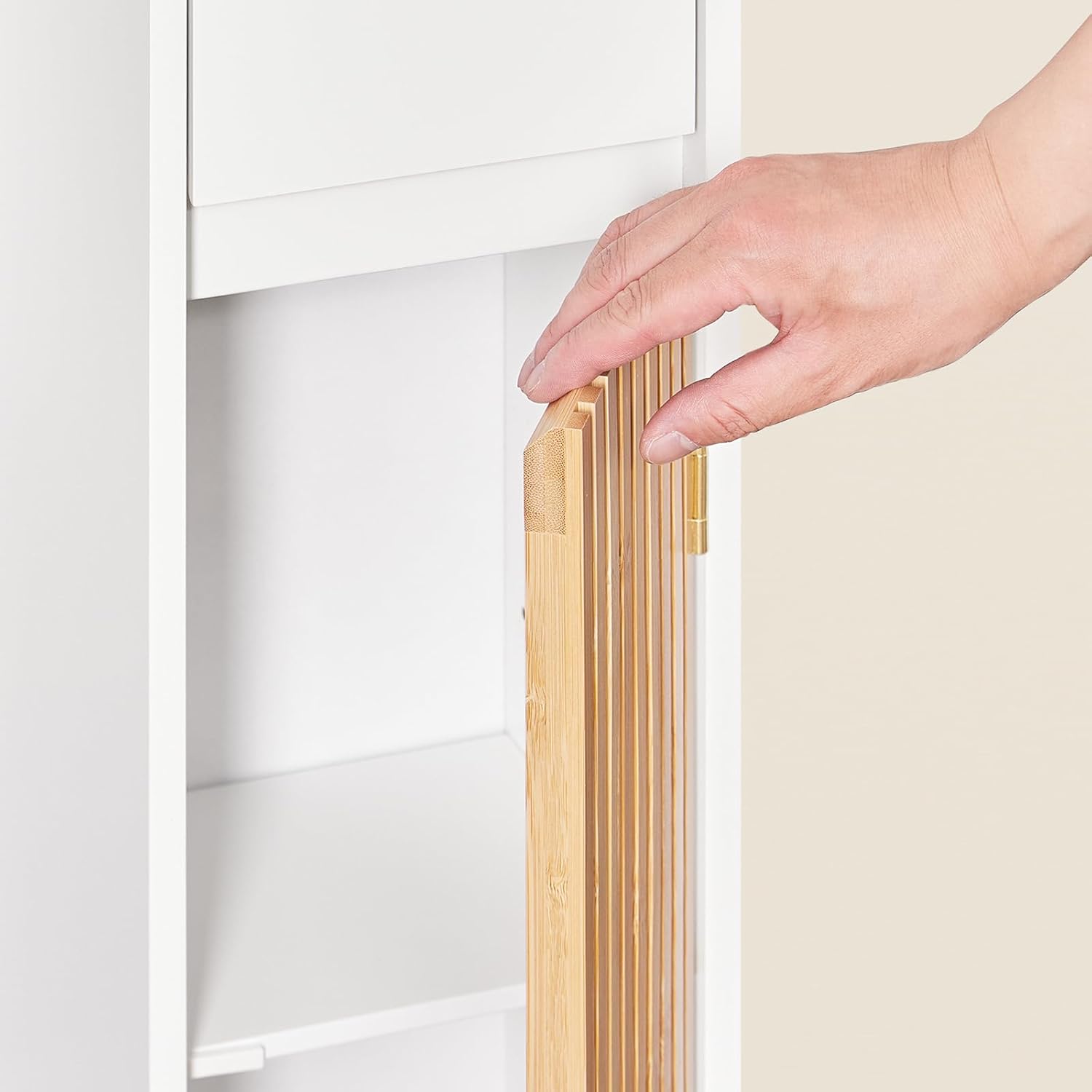 Slim Tall Bathroom Cabinet Bamboo Doors White 20cm 180cm