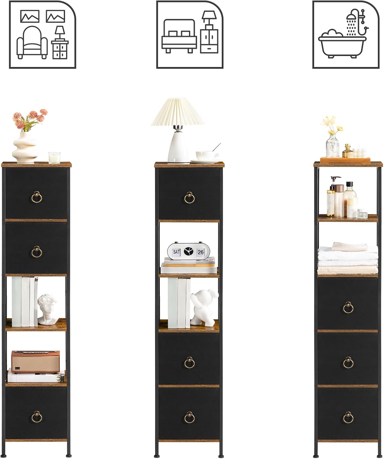 Tall Corner Storage Cabinet Rustic Brown Black Drawer Shelf