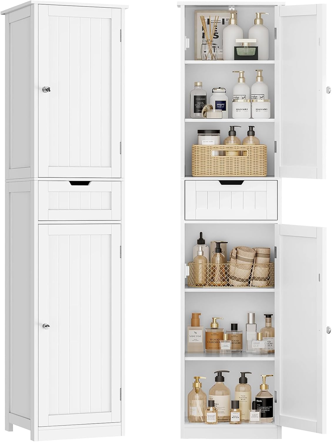 Tall Bathroom Storage Cabinet 40cm Wide Drawer Shelves White