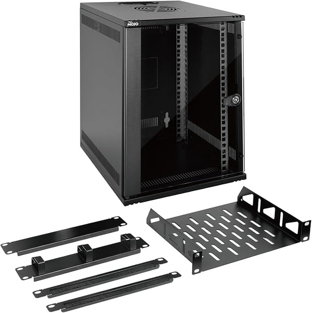 9U 10 Inch Wall Mount Data Cabinet Glass Door Black