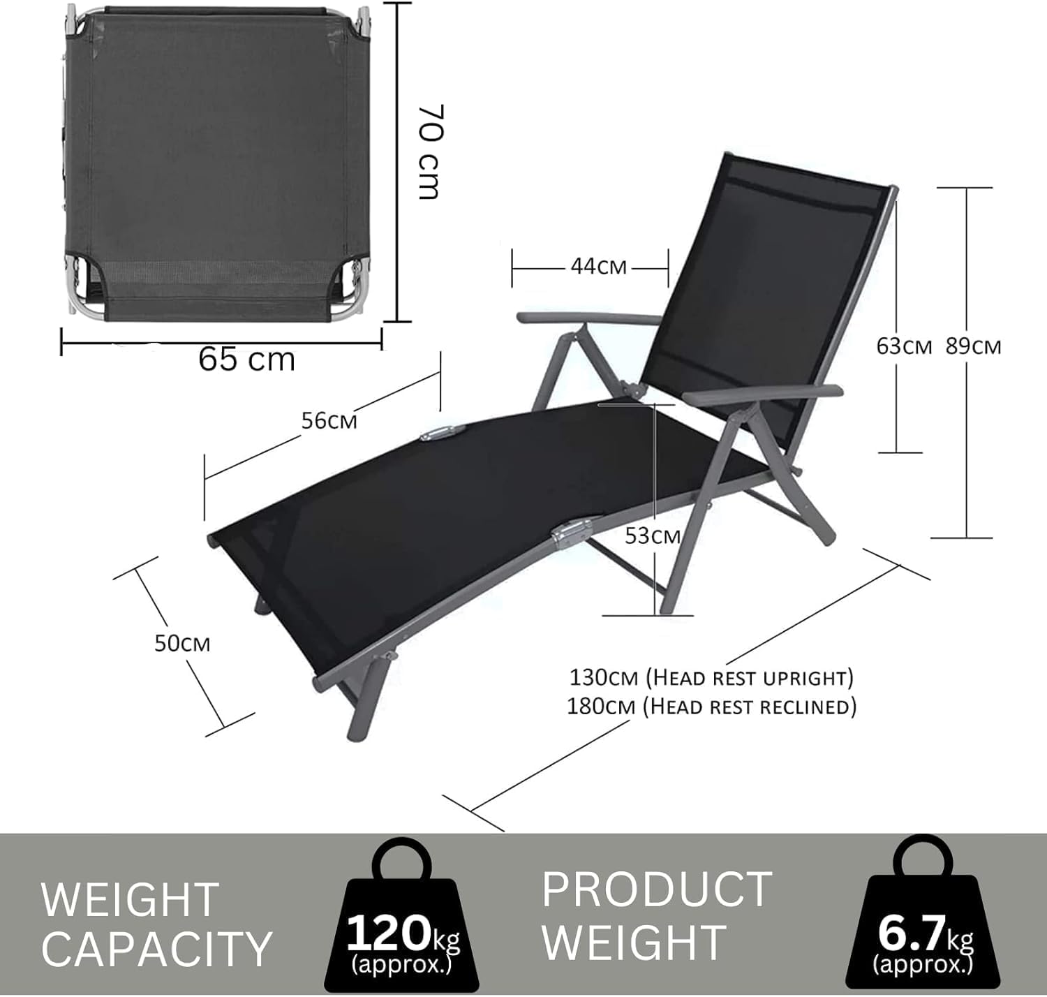 Set of 2 Reclining Sun Lounger Chairs Black 170 Degree