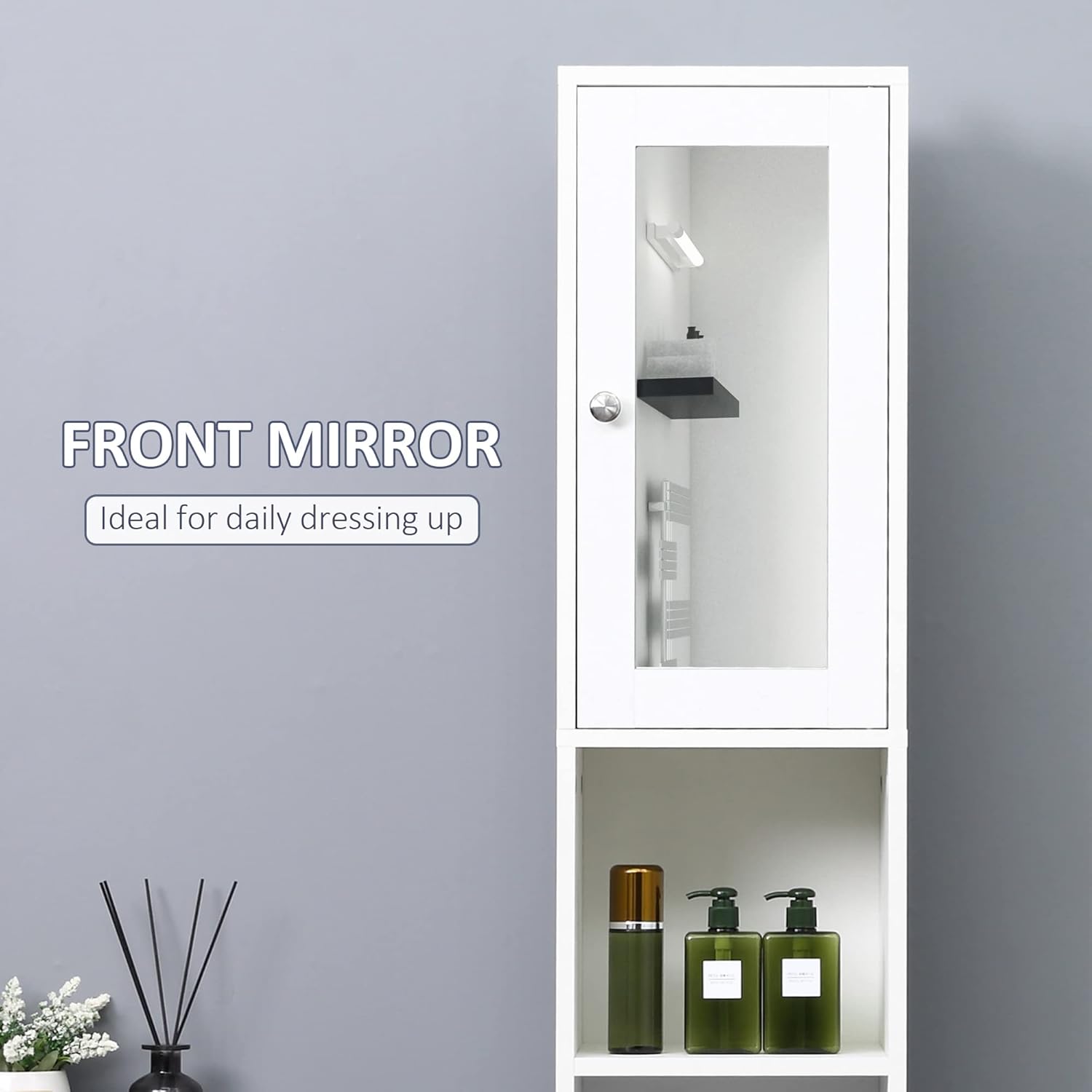 Tall Bathroom Storage Cabinet with Mirror Adjustable Shelves White