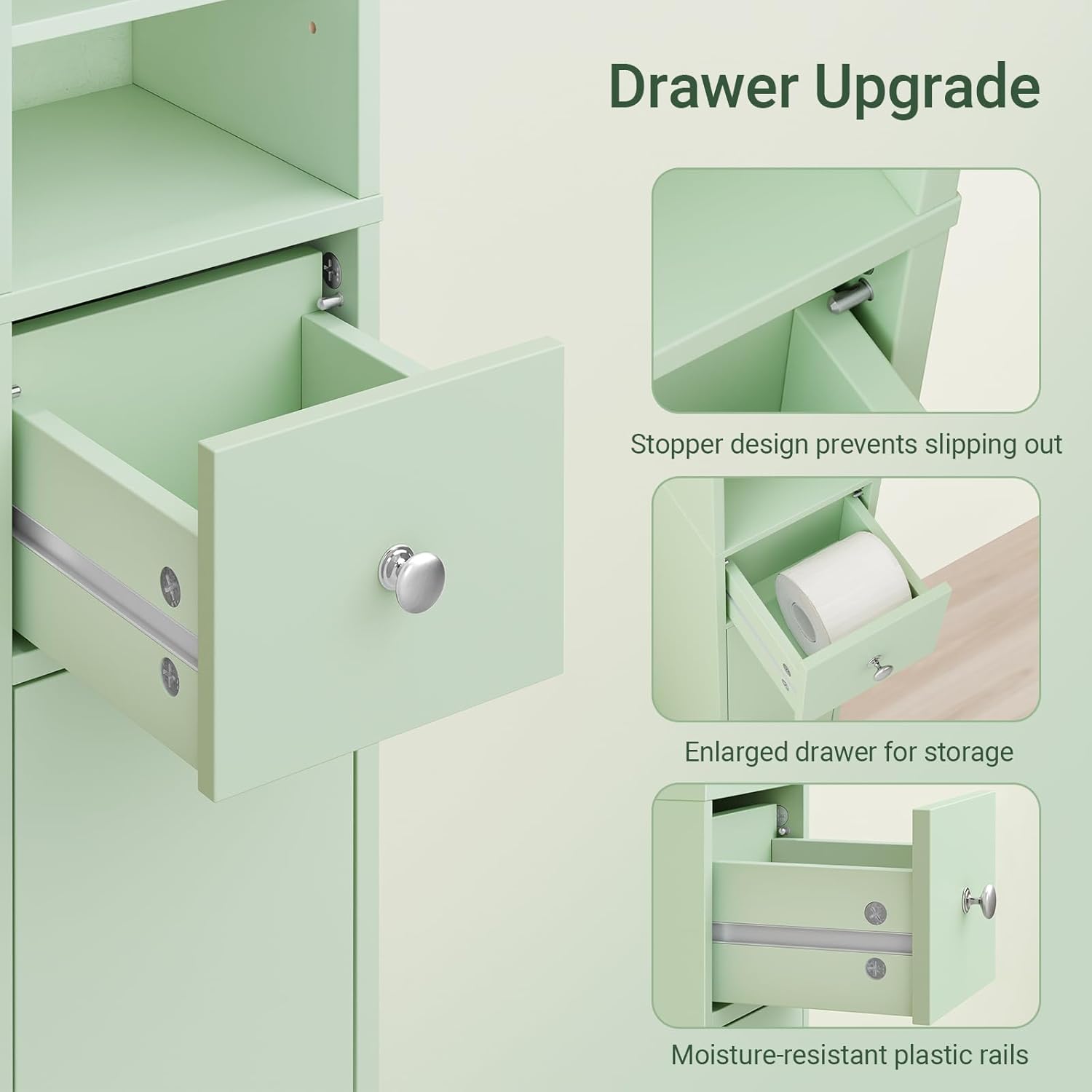 Slim Tall Bathroom Cabinet Light Green Drawer 180cm