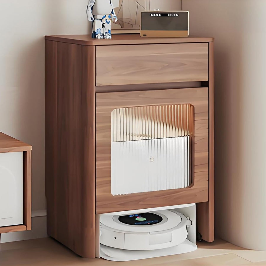 Robot Vacuum Storage Cabinet Solid Wood Side Table w Wheels Doors