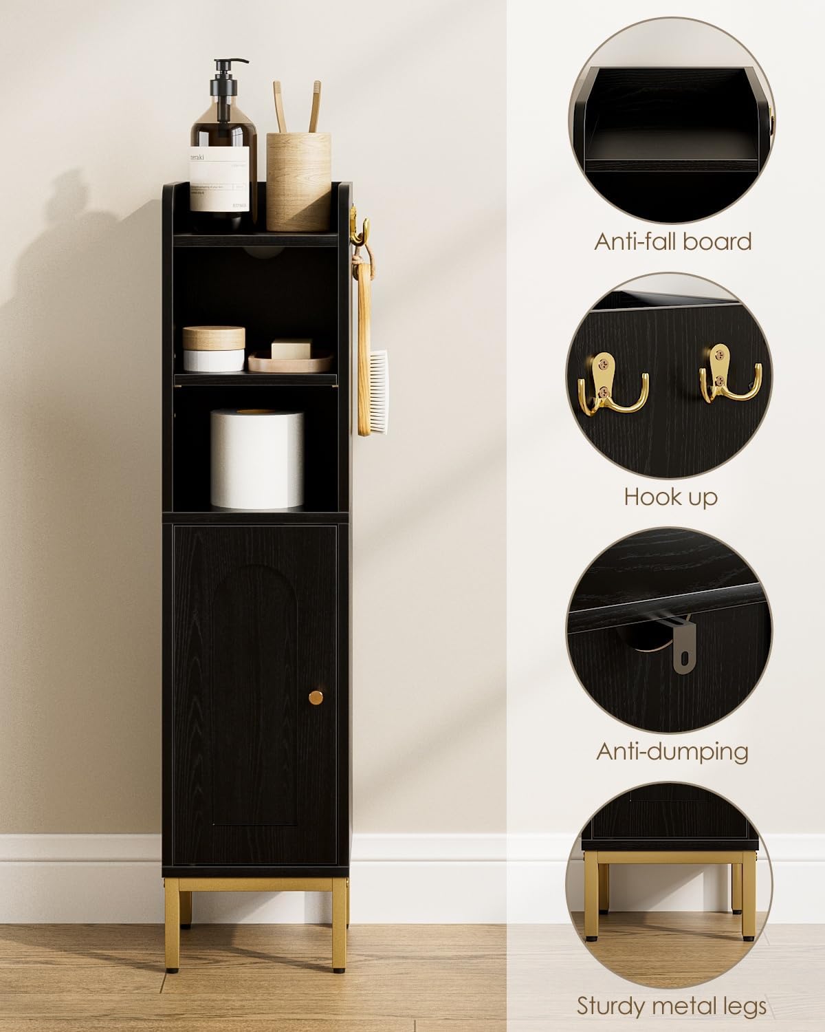 Slim Bathroom Storage Cabinet Door Black Freestanding Unit