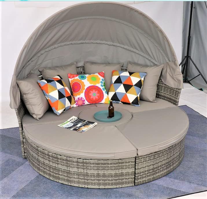 Luxury Round Rattan Daybed with Canopy Grey