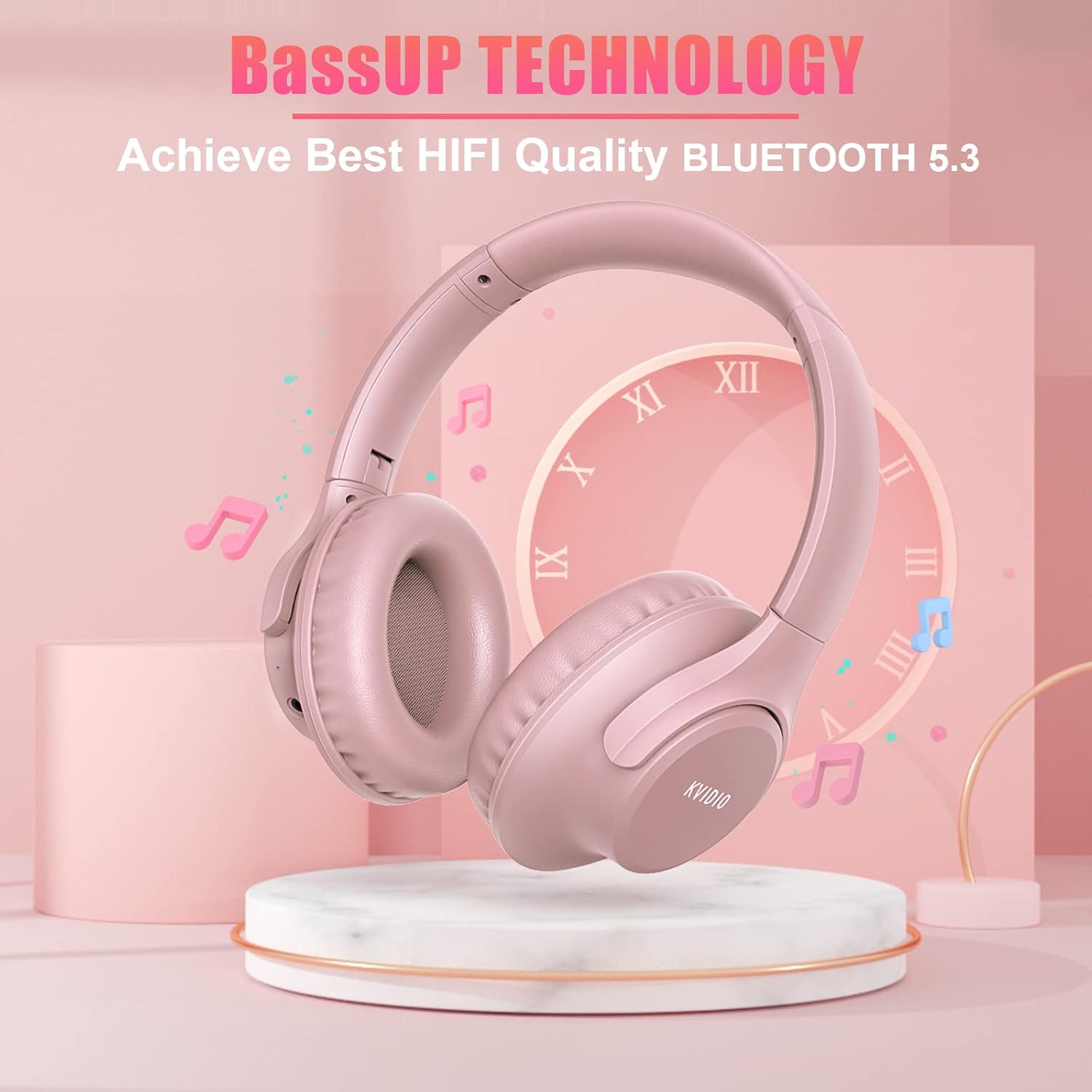 Pink Bluetooth Over Ear Headphones 65H Playtime Foldable Deep Bass