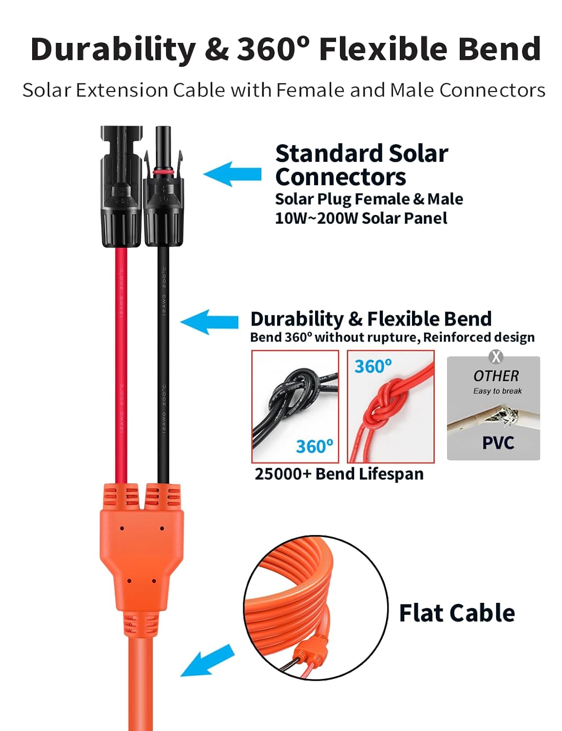 30FT 9M Solar Panel Extension Cable 10AWG Waterproof Orange