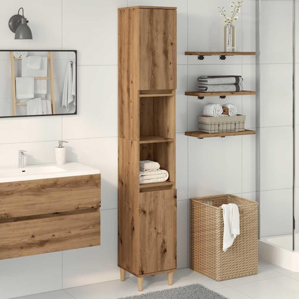 Tall Bathroom Cabinet 6 Compartment 2 Door Oak Unit