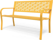 Metal Garden Bench 2-3 Seater Floral Back Outdoor Patio Seat Yellow