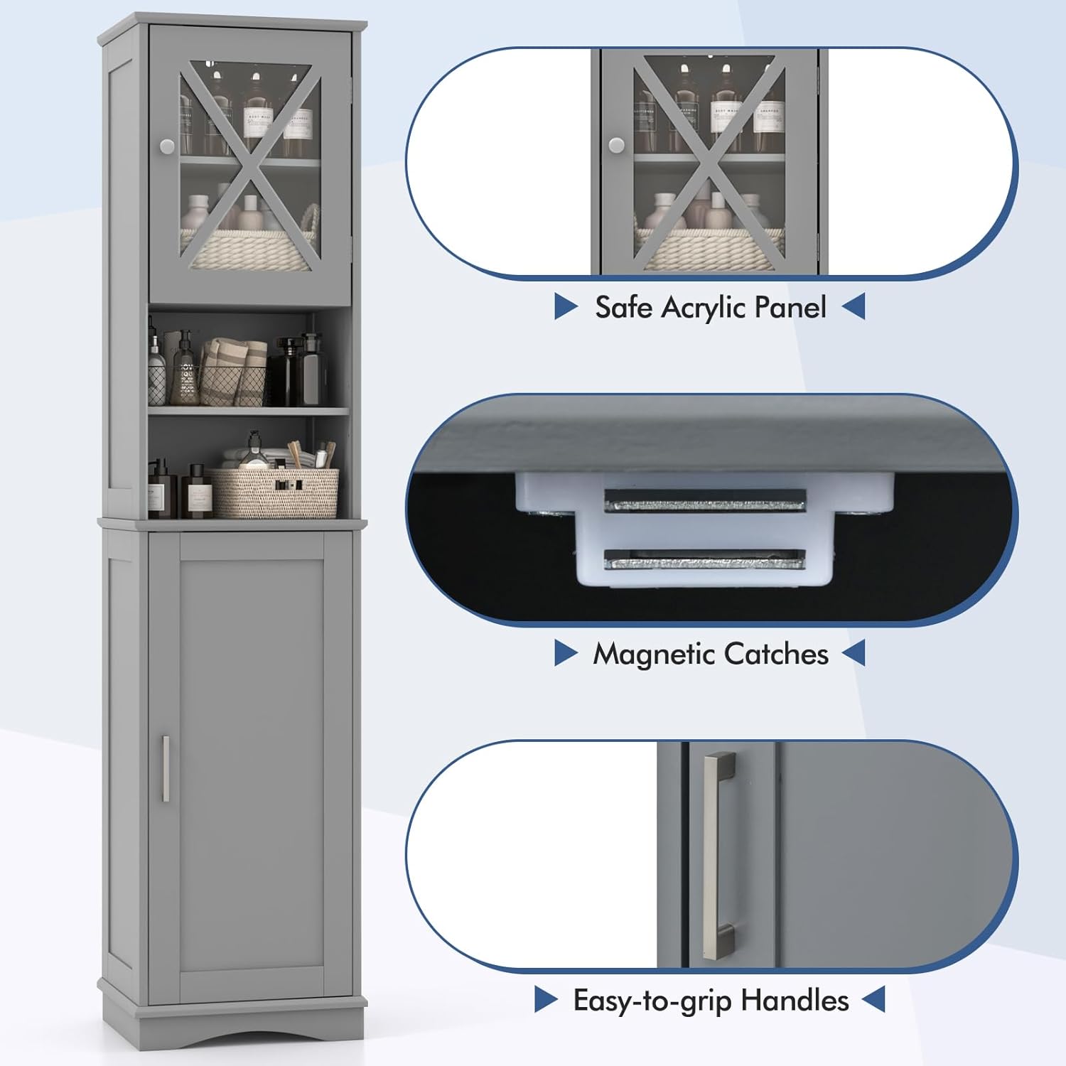 Grey Tall Bathroom Cabinet Slim Storage Unit 2 Door Shelves