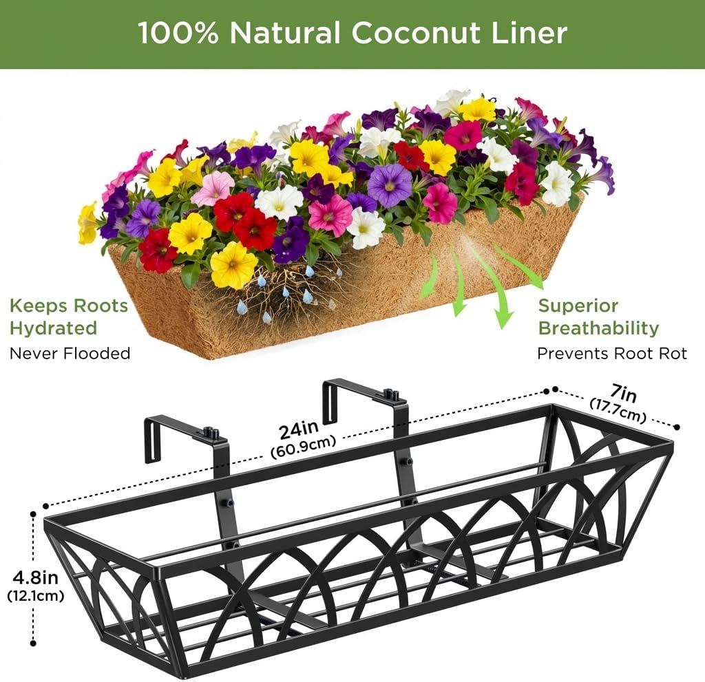 Window Box Planters 24in Set 6 Hanging Metal Trough Coco Liner
